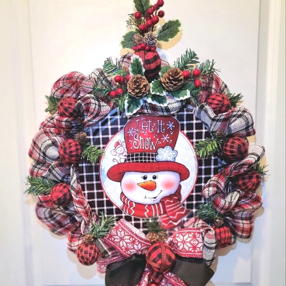 Winter Frosty Snowman Wreath Farmhouse Cabin Cottage Deco Mesh Bow Pinecones - Picture 2 of 7